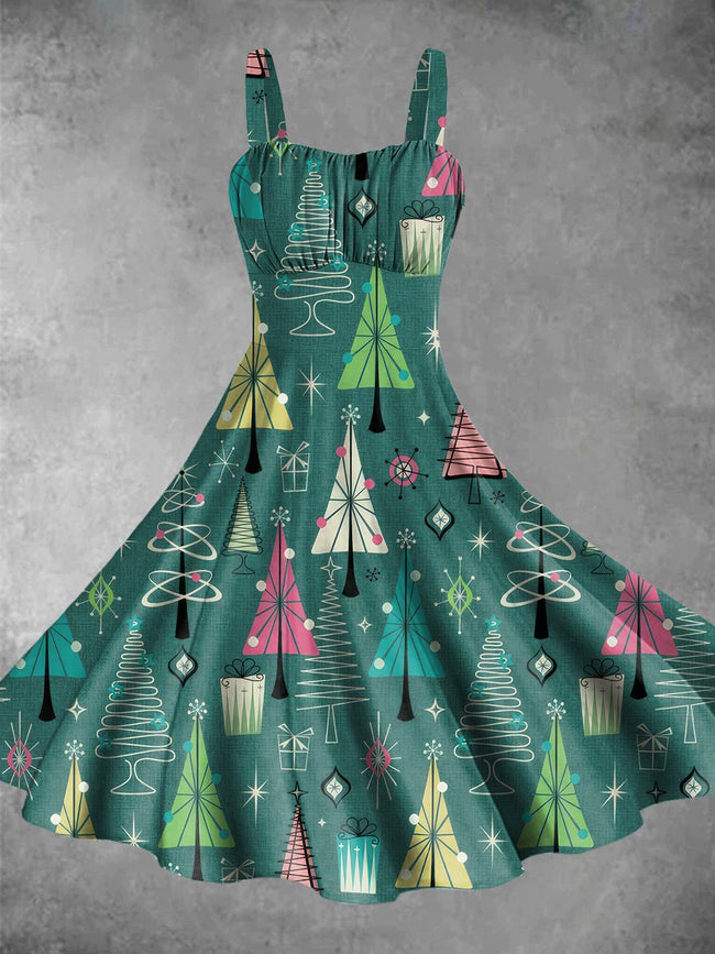 Vintage Christmas Tree Print Backless Dress