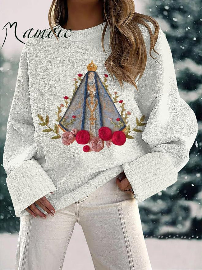 Women's Christian Our Lady Floral Christian  Embroidery Print Fuzzy Knit Casual Pullover Sweaters