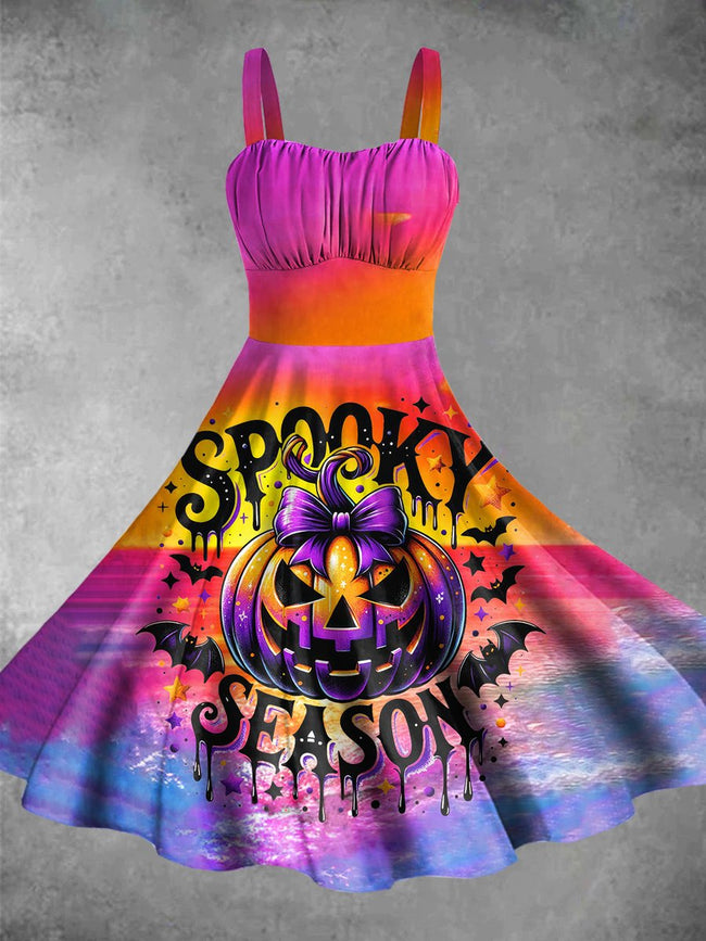 Vintage Spooky Season Print Backless Dress