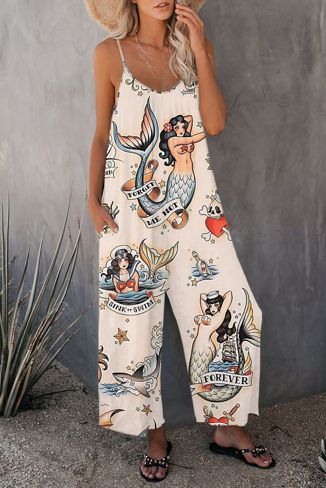 Vintage Mermeid Print Wide leg Jumpsuit with Pockets