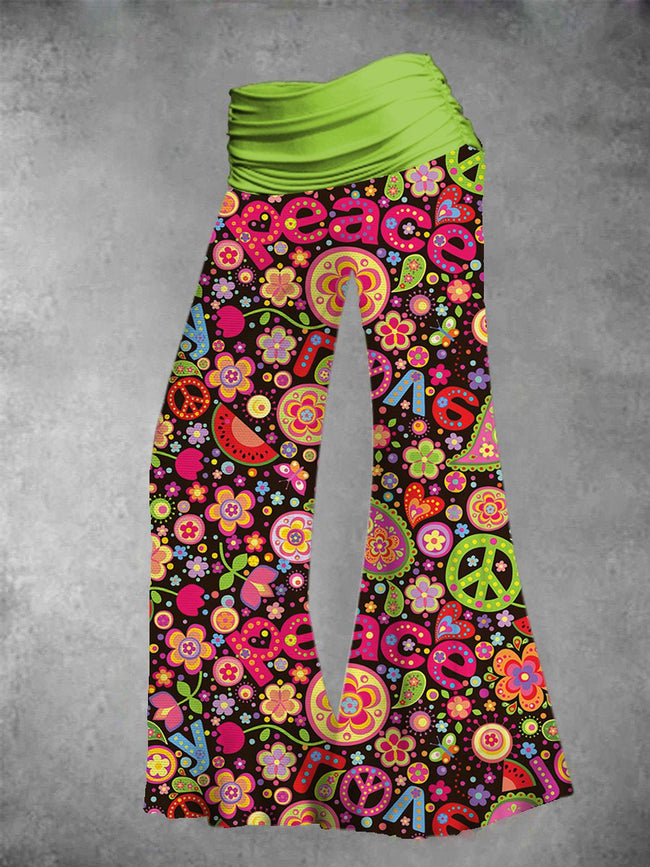 Women's Hippie Peace Floral Graphic Wide Leg Pants