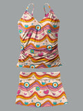 V-Neck Pink Ripples Love Flowers Vigate Hippie Peace Print Suspender Skirt Tankini Pantskirt Set Swimsuit