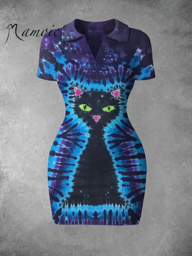 Women's Vintage Batik Kitten Art Print Ribbed Bodycon Mini Dress