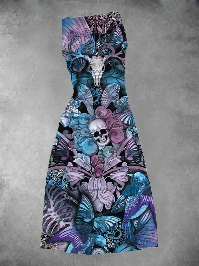 Women's Skull & Floral Butterfly Tattoo Print Maxi Dress