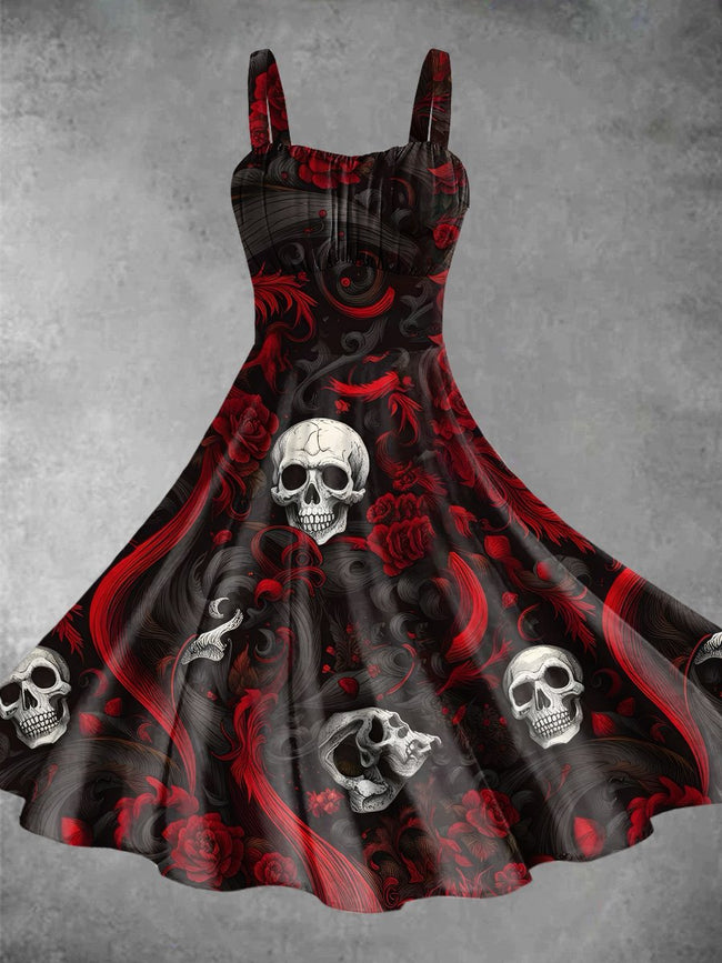 Vintage Rose Skulls Halloween Print Backless Dress