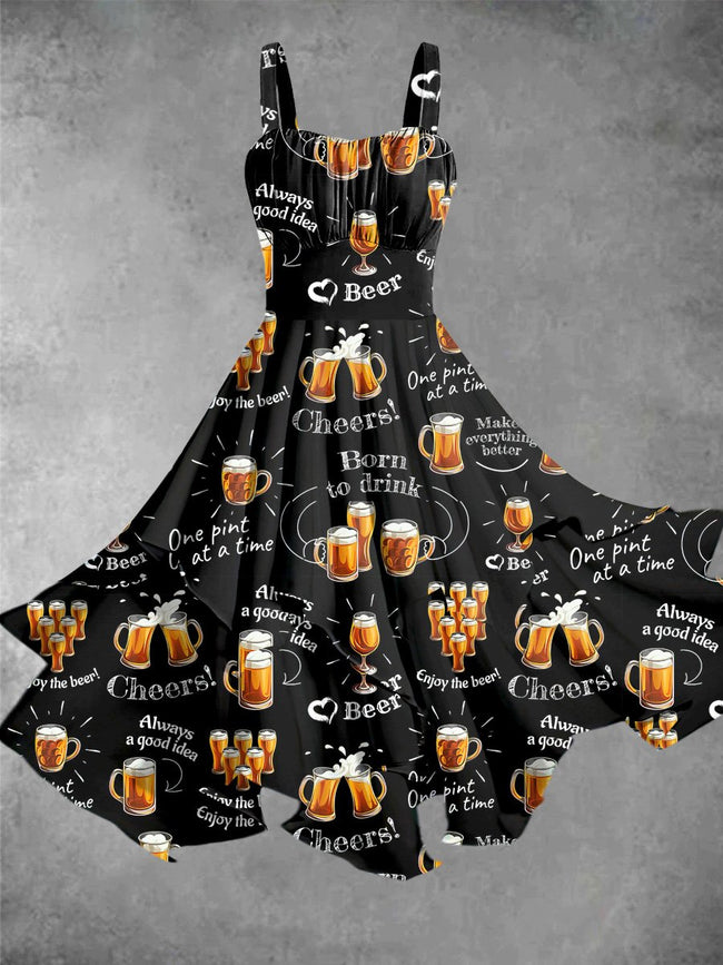 Vintage Beer Print Irregular Dress