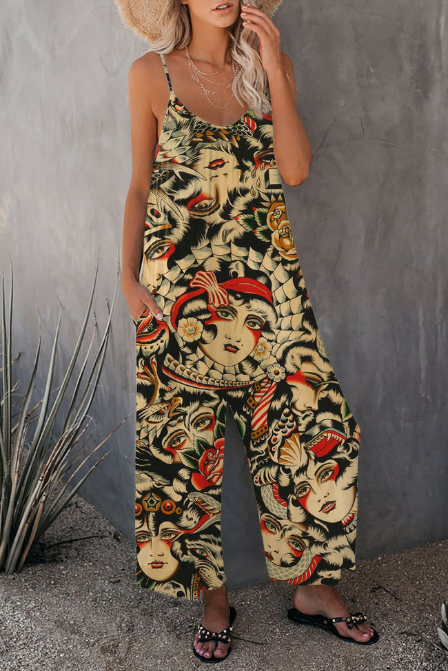 Vintage Tattoo Print Wide leg Jumpsuit with Pockets