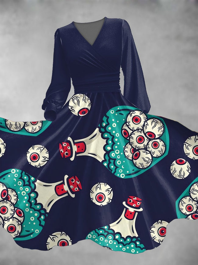 Women's Vintage Halloween Eyeball Print Lantern Sleeve Maxi Dress