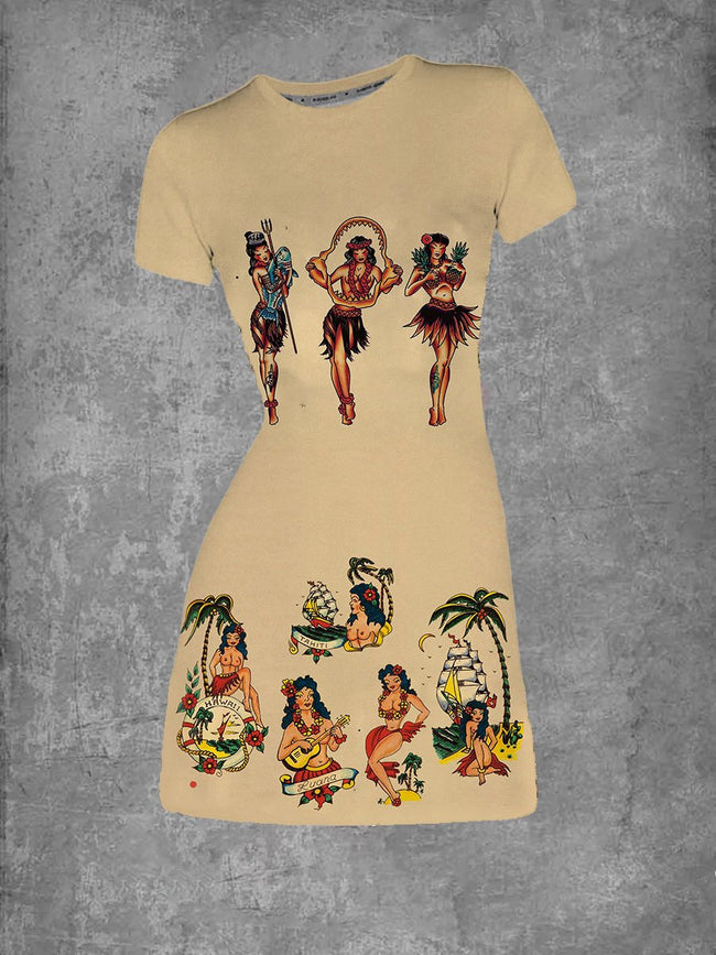 Women's Vintage Hula Girl Tattoo T-Shirt Dress