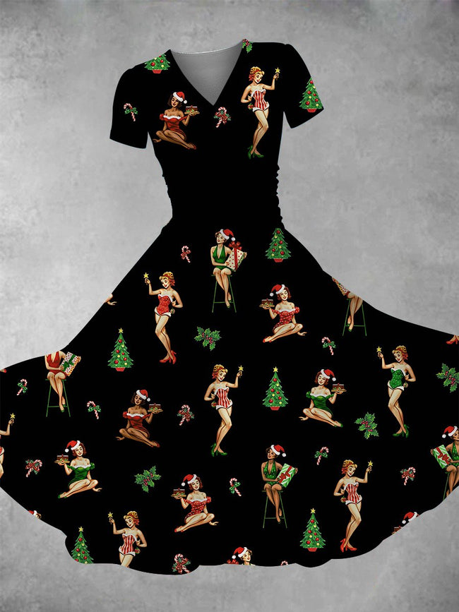 Women's Vintage Christmas Pin-up Girls Print Maxi Dress