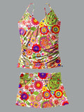 V-Neck Retro Hippie Paisley Pattern Print Suspender Skirt Tankini Pantskirt Set Swimsuit