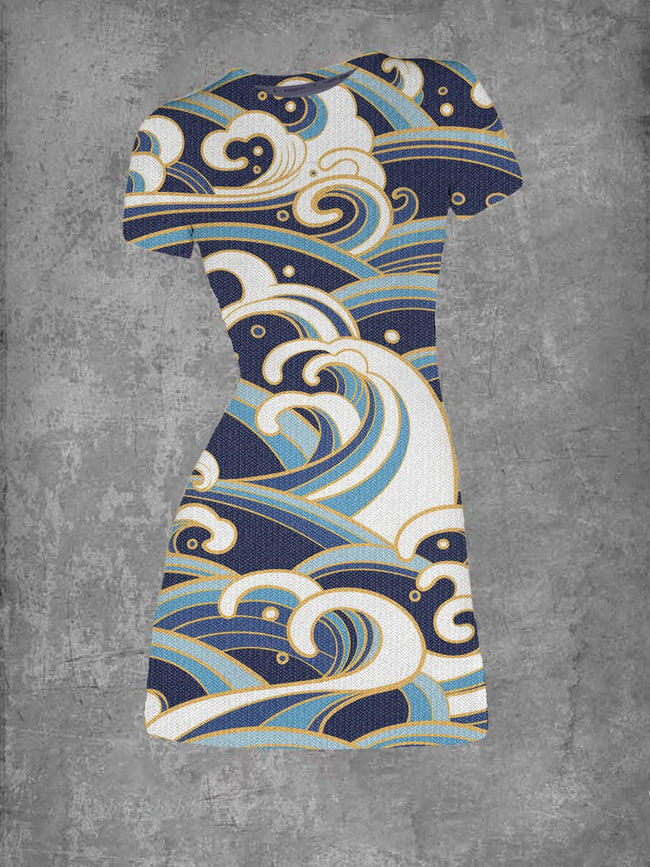 Women's Crested Waves Print Crew Neck T-Shirt Dress