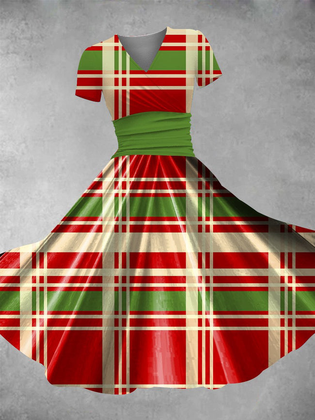 Women's Vintage Christmas Plaid Print Maxi Dress