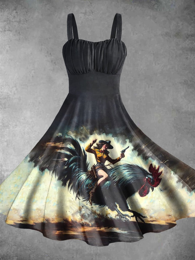 Vintage Chicken Mount Print Backless Dress