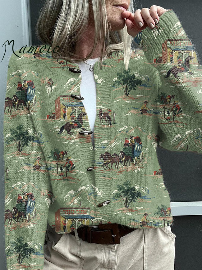 Vintage Western Print Buttoned Cardigan Sweater