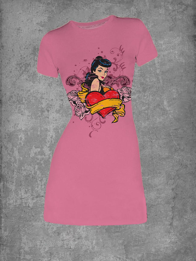 Women's Tattoo Girl Print Crew Neck T-Shirt Dress