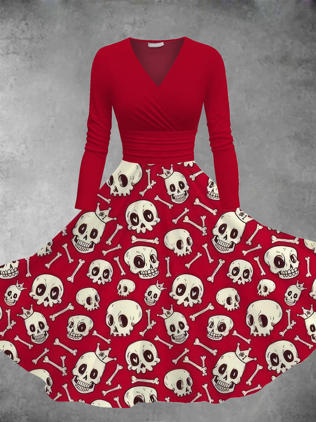 Women's Vintage Halloween Skull Print Long Sleeve Maxi Dress