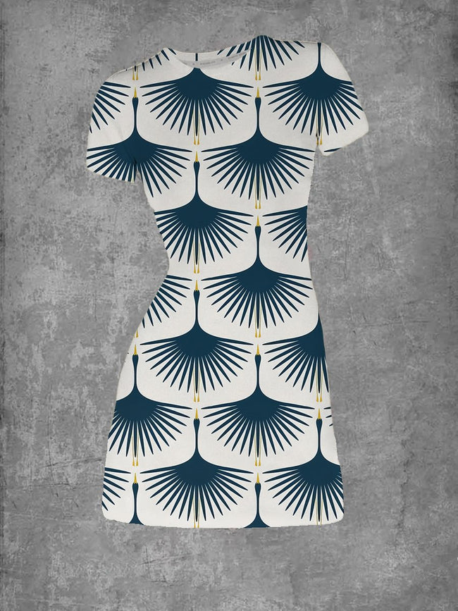Women's Vintage Swans Print Crew Neck T-Shirt Dress