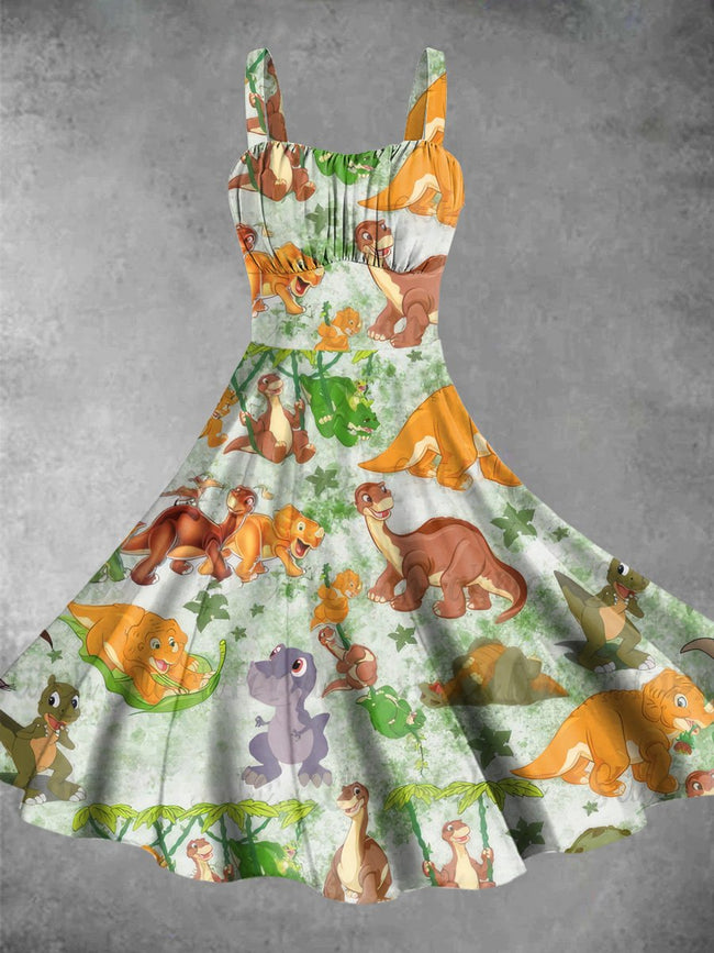 Vintage Cute Little Dinosaur Print Backless Dress