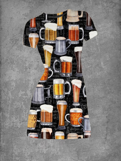 Women's Beer Mugs Print Crew Neck T-Shirt Dress