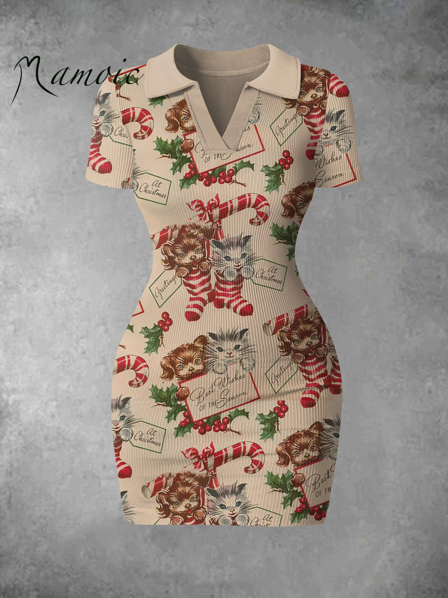 Women's Vintage Santa Kitty Print Ribbed Bodycon Mini Dress