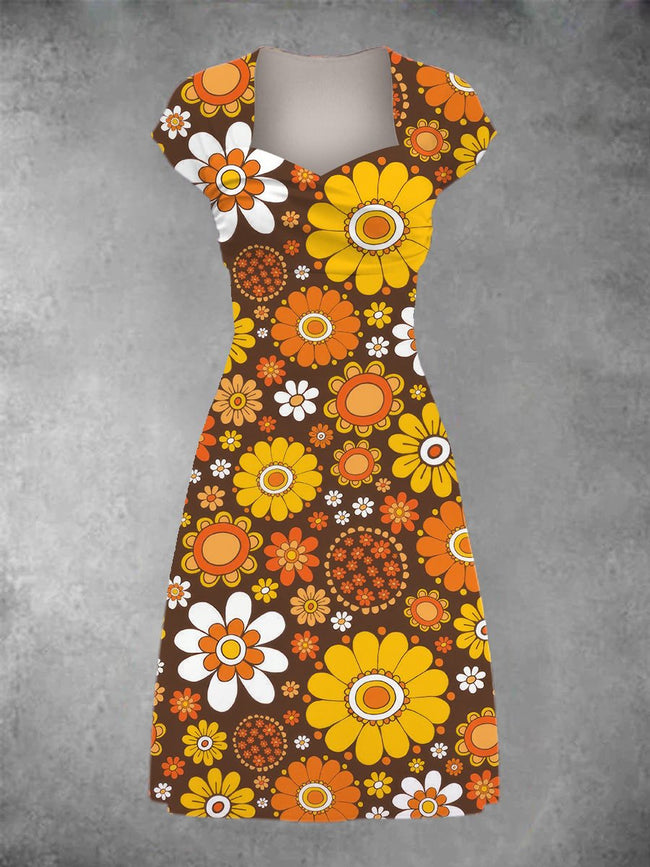 Women's Vintage Floral Print Patchwork Casual Midi Dress