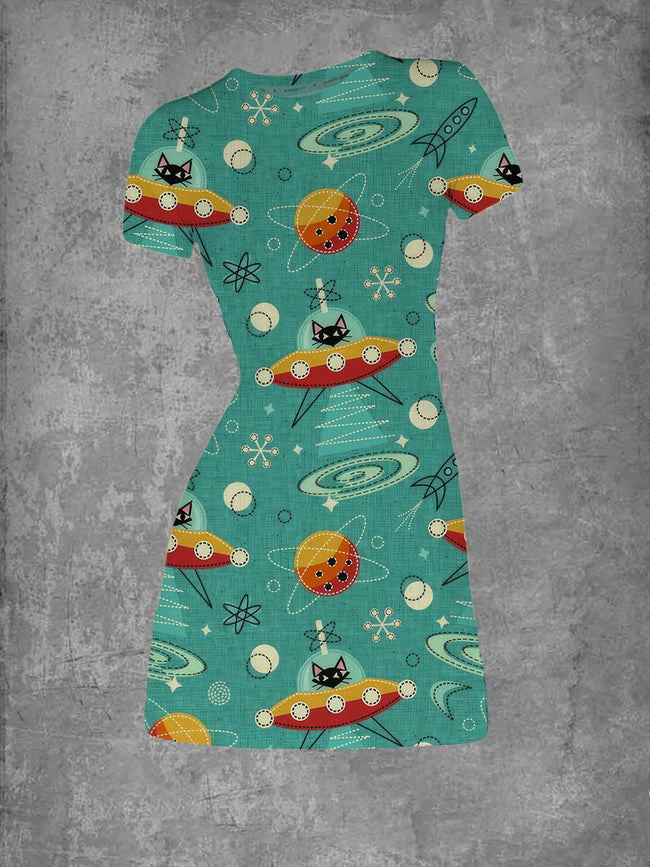 Women's Vintage Space Cat Graphic Crew Neck T-Shirt Dress