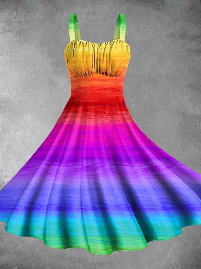 Vintage Rainbow Print Backless Dress