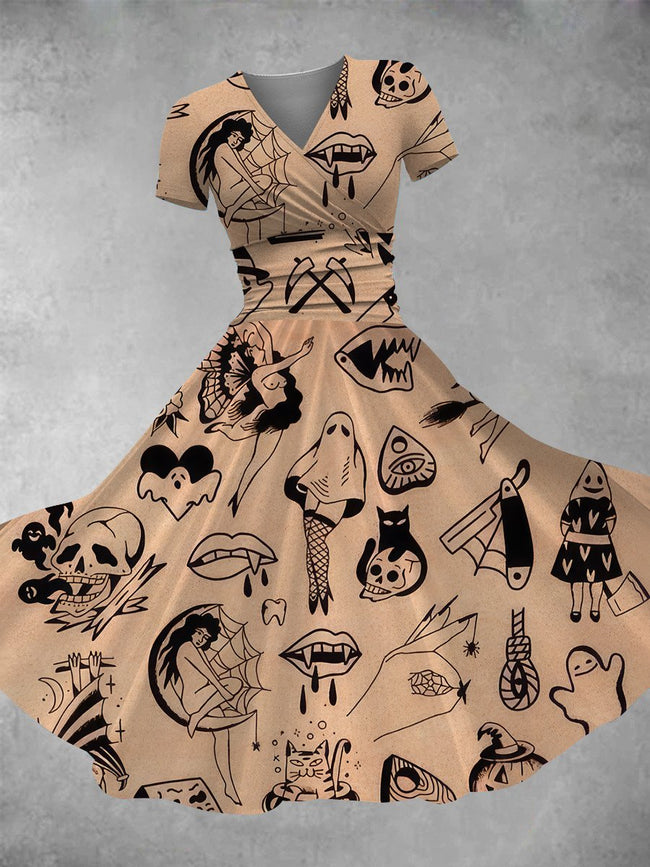 Women's Vintage Halloween Tattoos Print Maxi Dress