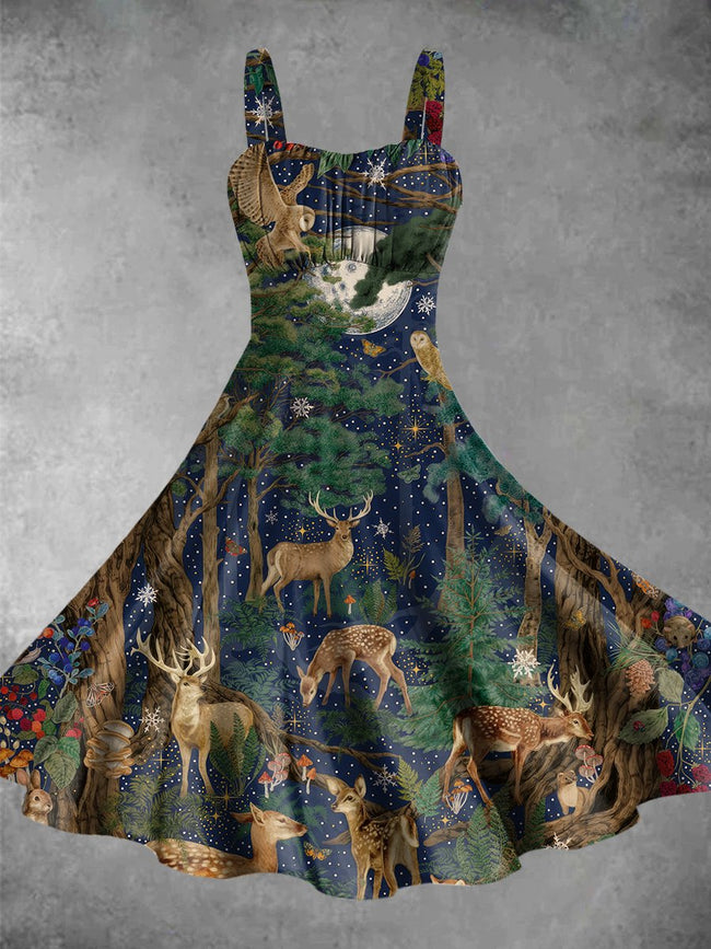 Vintage Animal And Plant Abstract Print Backless Dress