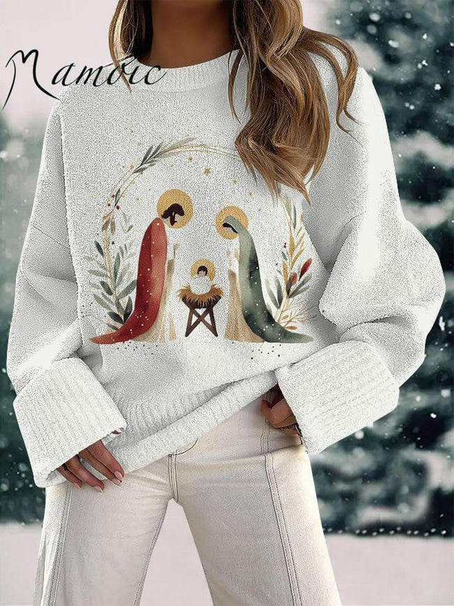 Women's Christmas Nativity Print Fuzzy Knit Casual Pullover Sweaters