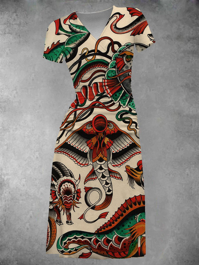 Women's Vintage Marine Organism Print Midi Dress