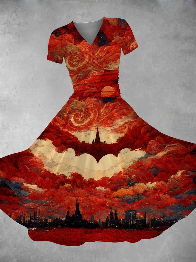 Women's Vintage Halloween Bat City Print Maxi Dress