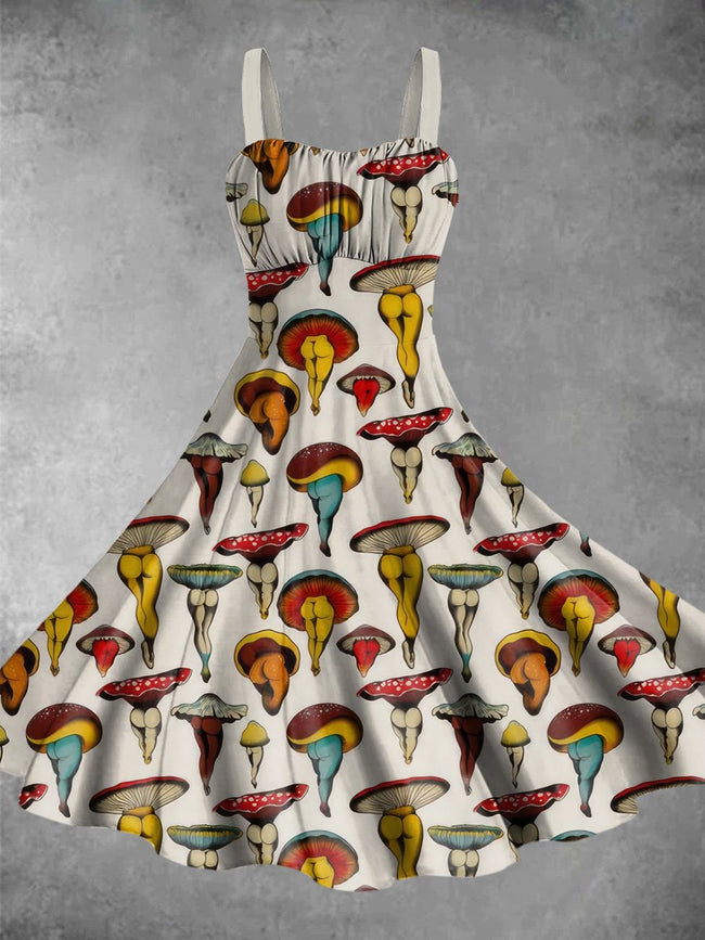 Vintage Sexy Mushroom Print Backless Dress