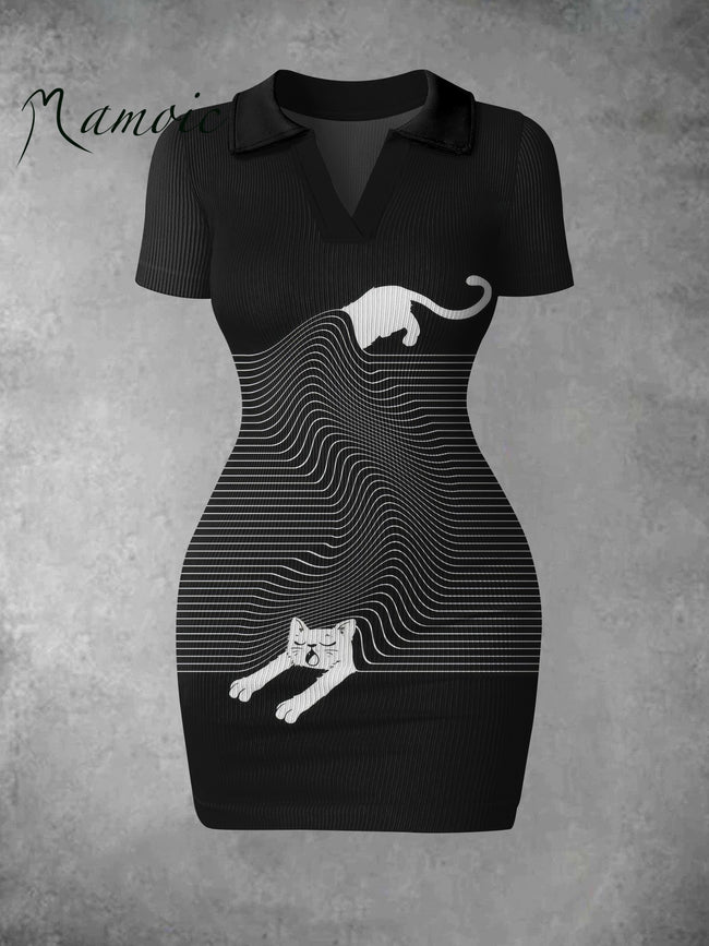 Women's Vintage Visual Effects Sweater Print Ribbed Bodycon Mini Dress