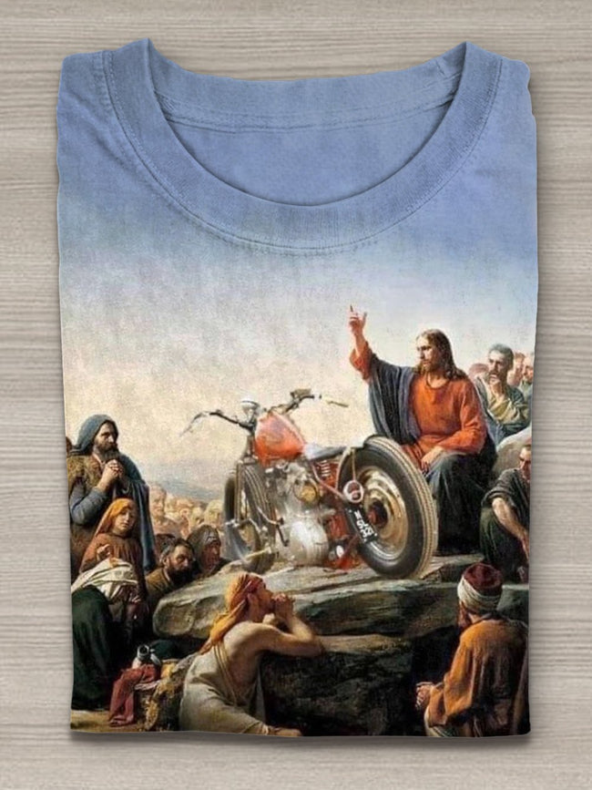 Retro Funny Christian Motorbike Art Pattern Printed Casual Short Sleeve T-Shirt