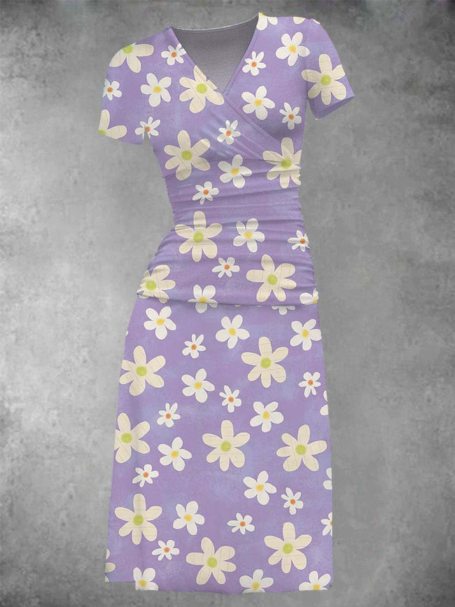 Women's Retro Daisies Print Two-Piece Midi Dress