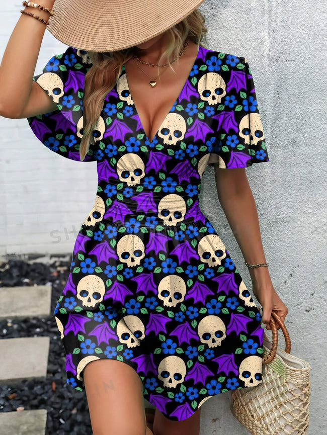 Vintage Halloween Skull Print Butterfly Sleeve V-Neck Waist Dress