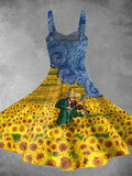 Vintage Vincent Van Gogh And Sunflowers Print Backless Dress