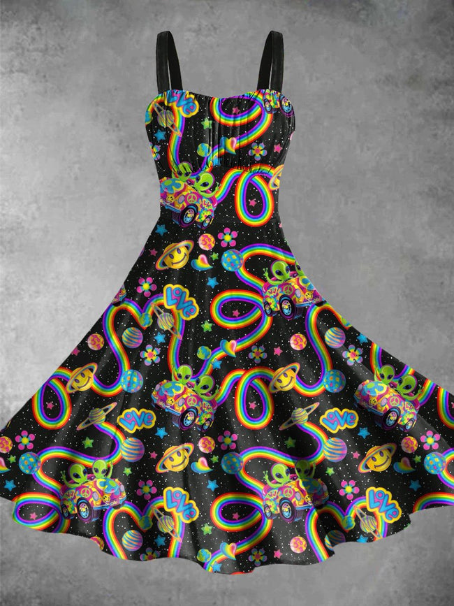 Vintage Rainbow Alien Print Backless Dress