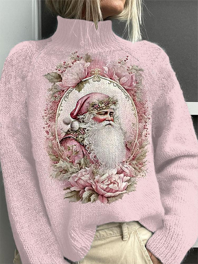 Vintage Santa Print Knit Turtleneck Sweater