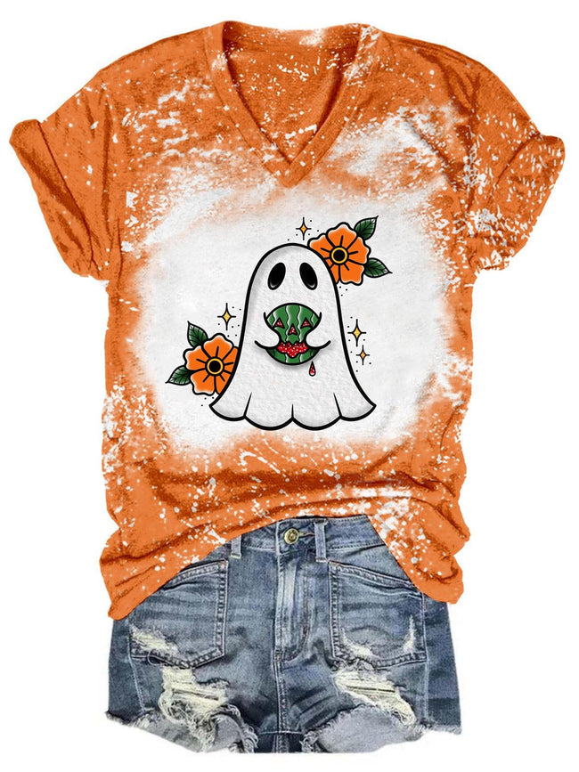 Vintage Halloween Ghost Art Print V Neck Tee