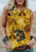 Vintage Golden Bejeweled Packed Cats Print Tank Top