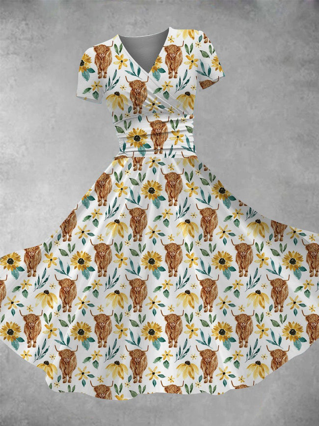 Women's Highland Cow Sunflower Print Maxi Dress