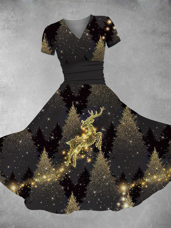 Women's Vintage Midnight Reindeer Print Maxi Dress