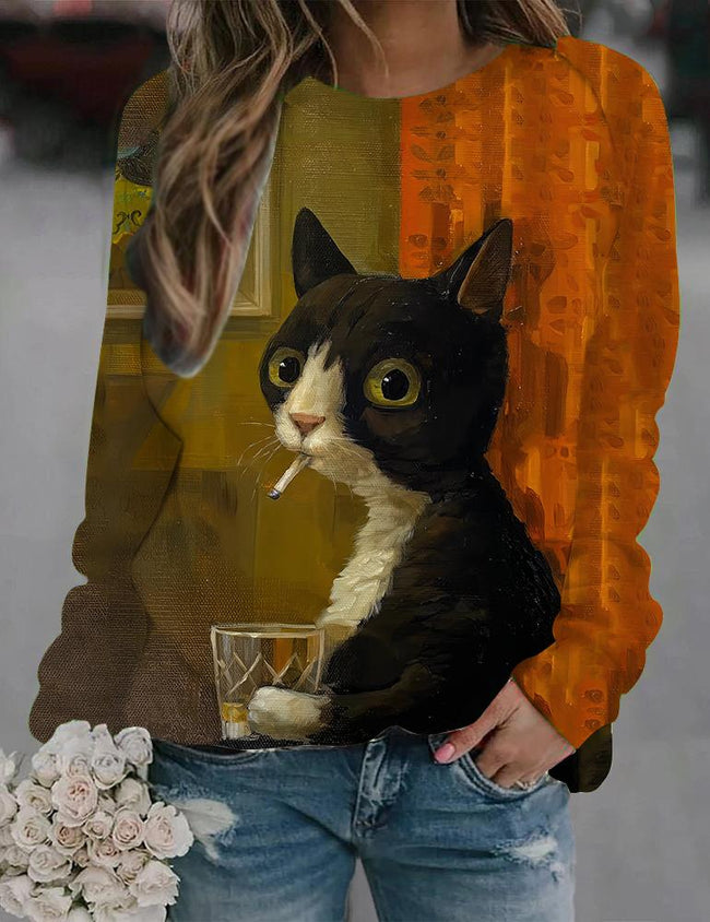 Vintage Cute Cat Print Sweatshirt