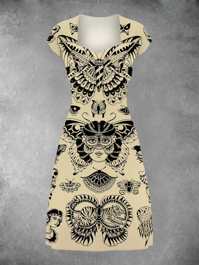 Women's Vintage Butterfly Print Patchwork Casual Midi Dress