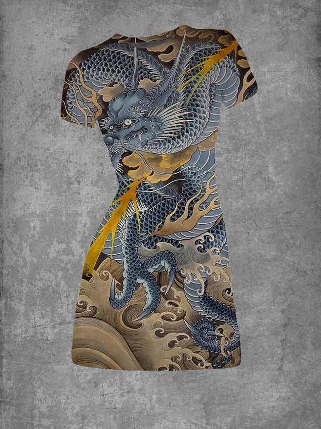 Women's Asian Dragon Art Crew Neck T-Shirt Dress