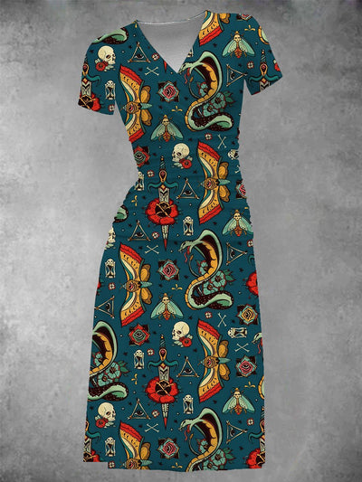 Women's Moth Tattoo Print Midi Dress