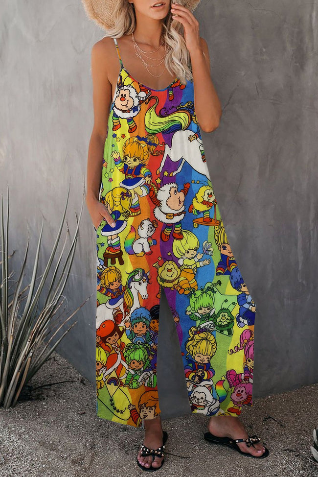 Vintage 1980s Rainbow Girl Print Wide leg Jumpsuit with Pockets